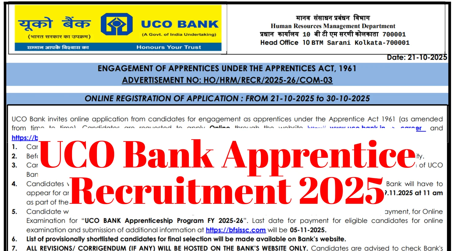 UCO Bank Apprentice Recruitment 2025